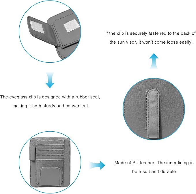 Car Sun Visor Organizer, Leather Auto Visor Card Holder with Sunglasses Clip, Multifunctional Sunvisor Storage Pouch Vehicle Interior Pocket for Driving License Pen Ticket (Gray)
