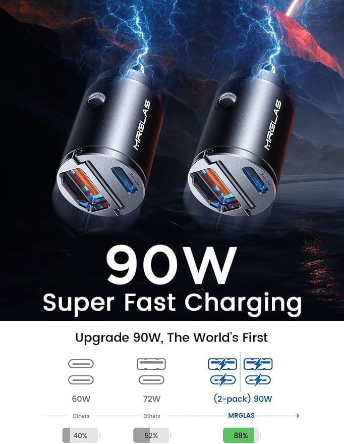 2-Pack 90W USB C Car Charger,[Super Mini Metal] Car Charger Fast Charging, PD+QC3.0 Type C Car Cigarette Lighter USB RV Power Adapter Compatible iPhone 17 16 15 Pro Max iPad Samsung S26 25