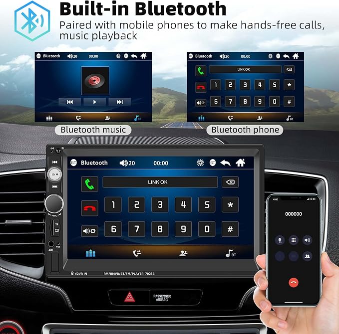 Double Din Car Stereo 7 Inch Touch Screen Car Audio Radio with Bluetooth Audio Hands-Free Calls Backup Camera FM Radio Receiver Car MP5 Player Support Mirror Link AUX-in USB TF Input