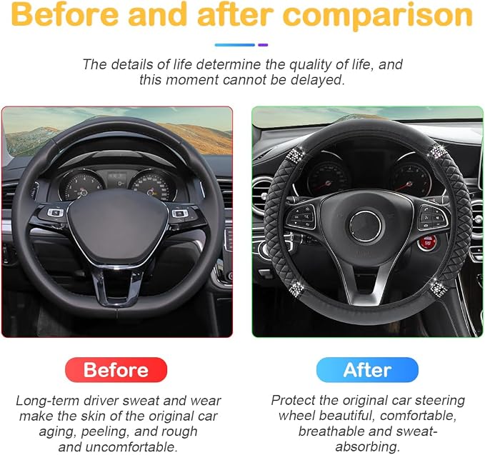 Bling Car Steering Wheel Cover, 15 Inch Rhinestones Soft Leather Elastic Steering Wheel Protector, Sparkly Crystal Diamond for Women Girls, Car Interior Accessories for Most Cars (Black)