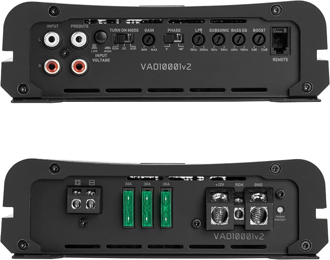 VAD10001 v2 Model Monoblock Class D Amplifier 2000W Peak, 1000W RMS, 1/2/4-ohm Stable, Low Pass X-Over, Bass Boost, Remote Subwoofer Bass Knob, for Car/Truck/Marine/UTV/Motorcycle (VAD10001v2)