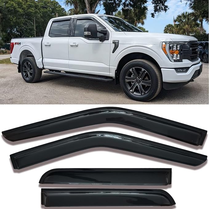 Window Visors Rain Guards Side Wind Deflectors for 2015-2025 F-150 Crew Cab, 2017-2025 F-250 F-350 F-450 Super Duty (SuperCrew/Crew) Cab, Vent Guard Shade Sun 94975 4-Pieces Set