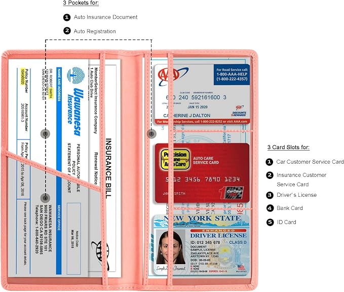 Car Registration and Insurance Card Holder, Vehicle License Document Glove Box Compartment Organizer, Interior Car Accessories for Women Men (Pink)