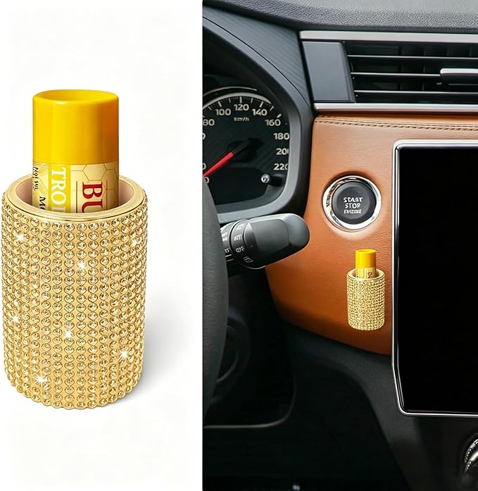 Upright Car Chapstick Holder, Bling Insulating Lip Balm Holder,Rhinestone Car Accessories for Women Interior,Suitable for Most Vehicles. (Yellow)