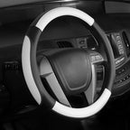 Car Steering Wheel Cover Small Size for Prius Civic Model 3 Model Y Camaro Rogue with 14-14 1/4 inches Outer Diameter, Black and White Mirofiber Leather