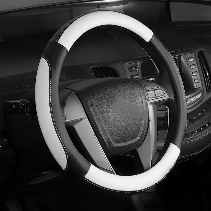 Car Steering Wheel Cover Small Size for Prius Civic Model 3 Model Y Camaro Rogue with 14-14 1/4 inches Outer Diameter, Black and White Mirofiber Leather