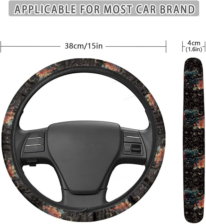 Steering Wheel Cover Vintage Horse Hibiscus Flower Pattern Full Surround Auto Steering Wheel Protector with a Diameter of 15" Steering Wheels Accessories for Car SUV Van Truck