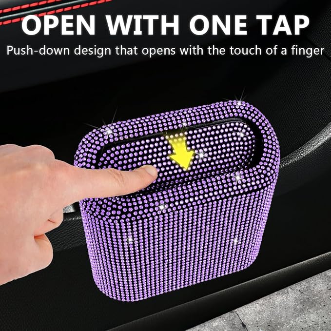 Car Trash Can with Lid, Mini Vehicle Trash Bin Car Dustbin Garbage Organizer,Bling Crystal Automotive Garbage Can Bin Trash Container for Auto Cars, Home, Office,Purple