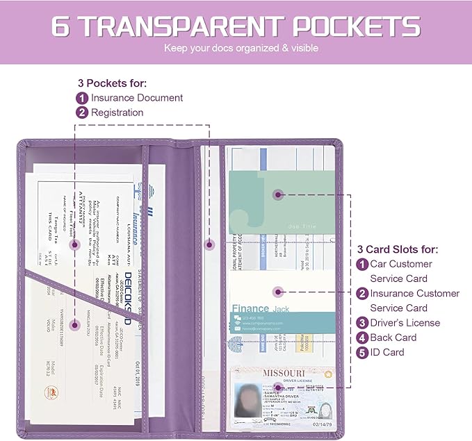 2Pack Car Registration and Insurance Holder,Car Document Holder for Cards License with Magnetic Shut,Vehicle Glove Box Car Organizer for Documents, Cards, License(Purple)