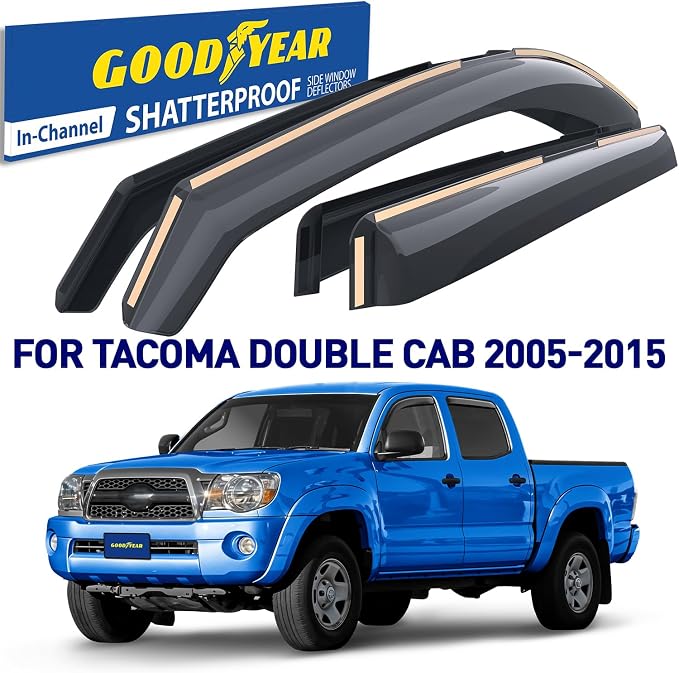 Goodyear Shatterproof in-Channel Window Deflectors for Toyota Tacoma 2005-2015 Double Cab, Rain Guards, Window Visors for Cars, Vent Deflector, Car Accessories, 4 pcs - GY008507
