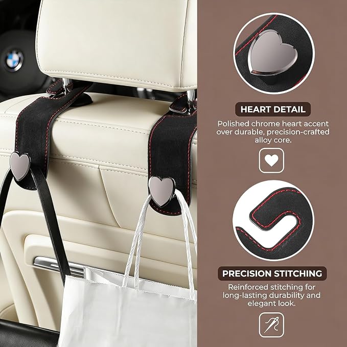 2PCS Car Seat Headrest Hook, Cute Heart Vehicle Backseat Purse Bag Hanger Organizer, Auto Seat Back Storage Holder for Groceries Coats Umbrellas, Universal for Vehicles (Black)