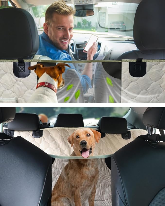 Dog Car Seat Cover with Mesh Window, 100% Waterproof Pet Seat Cover for Back Seat, Scratchproof Dog Hammock for Cars, Trucks, SUVs, Jeeps, Beige
