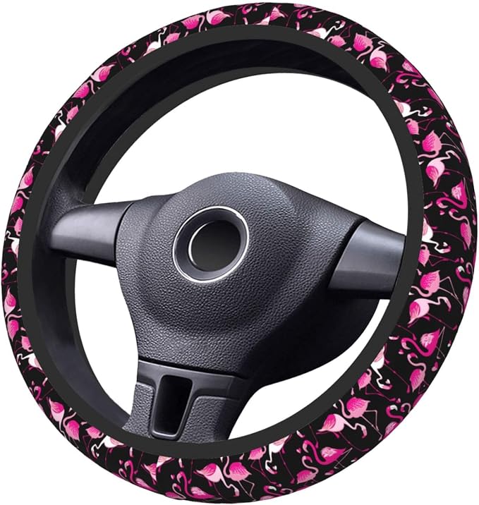Pink Flamingos Elastic Steering Wheel Cover Non-Slip Breathable Steering Wheel Protector Fit Auto, Suvs, Truck