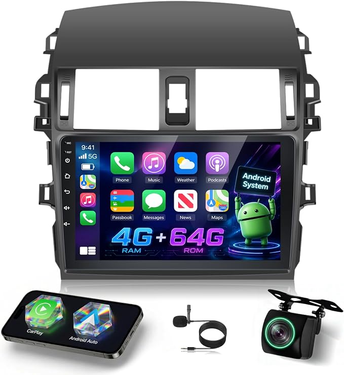 [4+64G] Android Radio for Toyota Corolla 2009-2013 - 9 inch IPS 1280 * 720P Touchscreen Corolla Stereo - Wireless Carplay and Android Auto, WiFi, GPS, Custom Homepage, Mirror Link + AHD Backup Camera