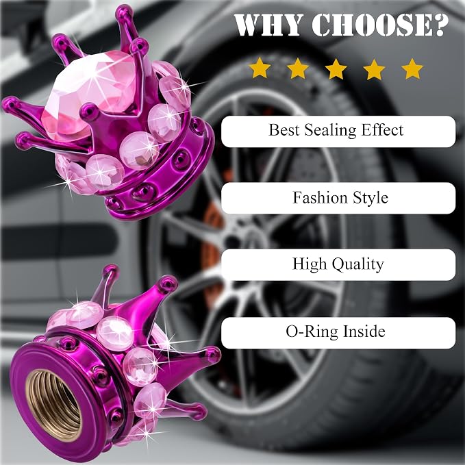 4PCS Crown Bling Tire Stem Valve Caps, Crystal Diamond Car Wheel Tire Valve Caps Universal Copper Core Stem Covers for Cars, SUV, Trucks, Bikes, Motorcycles, Bicycles (Purple & Pink)