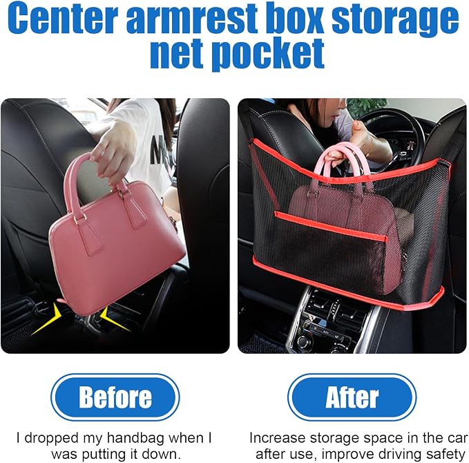 2 PCS Car Net Pocket Handbag Holder, Organizer Mesh Bag Between Two Seat, Driver Storage Netting Pouch for Handbag Purse, Barrier of Backseat Pet, Car Accessories for Women Men (Black & Red)
