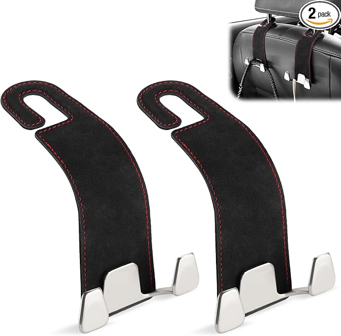 Car Seat Headrest Hook, Premium Suede Double Hook 2 Pack, Universal Hanging Accessories for Purse, Bag, Groceries - Car Interior Accessories (Black)