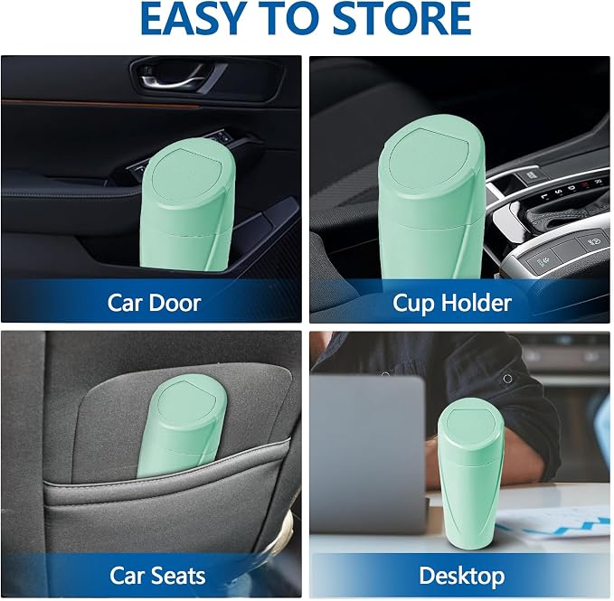 Mini Car Trash Can with Lid, Portable Garbage Can for Car, Leakproof Cup Holder Automotive Garbage Bin with 2 Rolls of Trash Bags, Small Trash Storage Can for Car Home Office(Light Green)