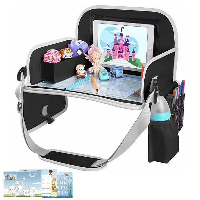 Kids Travel Tray for Car Seat, Road Trip Essential Kids Lap Tray | Toddler Gift for Boy Activities with Dry Erase Board, No-Drop iPad Holder Stand, Cooler Cup Holder & Adjustable Strap, Black