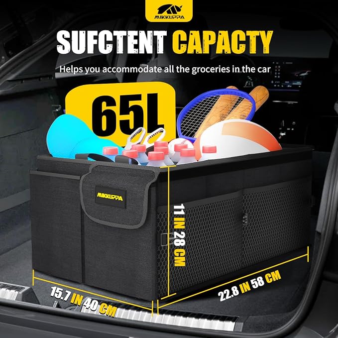 Car Trunk Organizer Set - 65L Collapsible Trunk Organizer with Lid, Registration and Insurance Holder with Magnetic Shut, 4 Pcs Car Seat Headrest Hook and Cup Holder Coaster (Black)