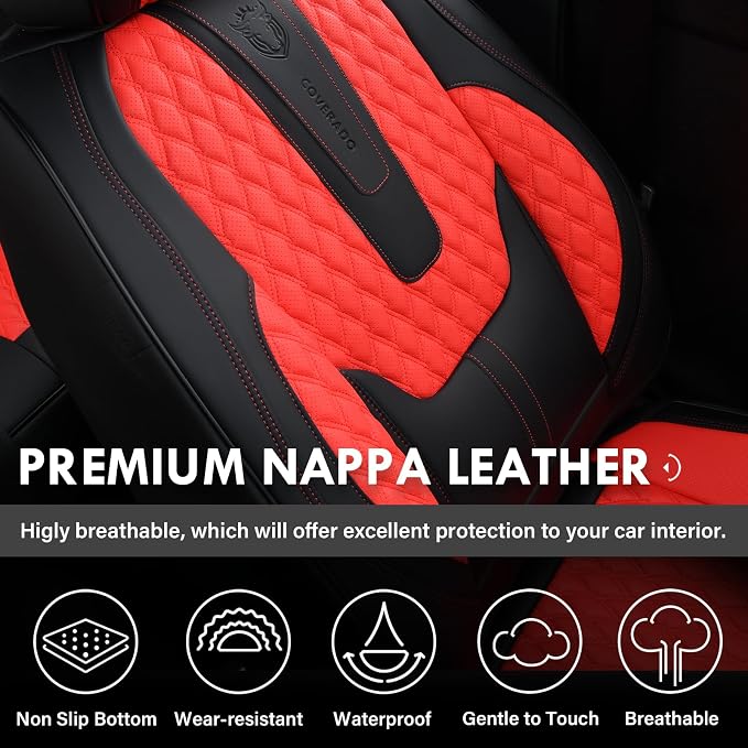 Coverado Car Seat Covers Front Seats, Luxury Faux Leather Seat Covers for Cars Waterproof Seat Covers with Lumbar Support, Car Seat Protector Universal Fit for Most Cars SUV Truck(Red&Black)