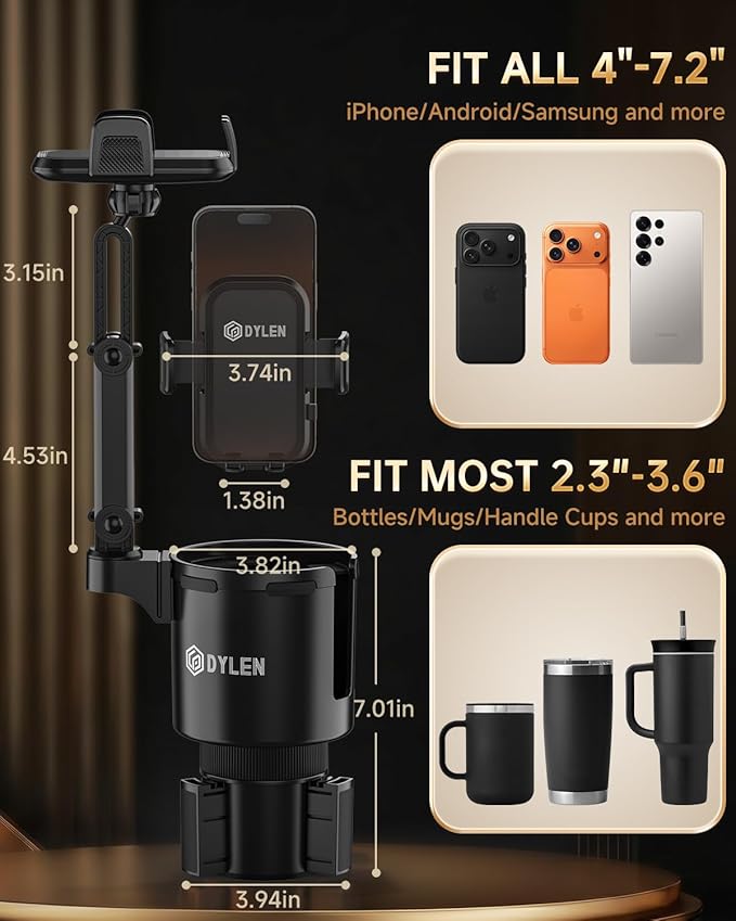 Cup Holder Phone Holder for Car, 2 in 1 Cup Holder Phone Mount with Adjustable Base, Long-Arm Supports 360° Rotation, Car Phone Holder Compatible with All Phones| Anti-Slip&No Shake Design