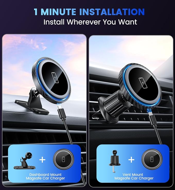 Magnetic Wireless Car Charger Mount, 15W Fast Charging Car Phone Holer for iPhone 17 16 15 14 13 12 Pro Max N52 Magnets,360°Rotation Dashboard/Vent Phone Holder Compatible with Magnetic Case