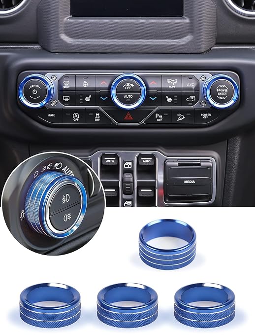 HVAC Climate Control Panel Knob Trim Kit & Light Control Switch Cover, Air Conditioner Knob Aluminum Alloy Ring for 2018-2024 Jeep Wrangler JL JLU & Gladiator JT, Interior Accessories, Blue