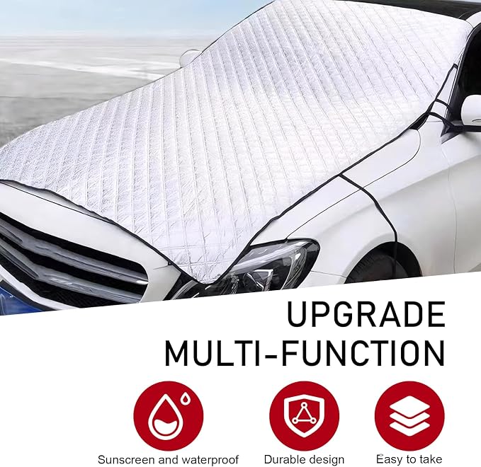 Half Car Cover, Snow and Frost Proof Thickened Protection Cover for Windshield Hood, Portable Waterproof Shield with Fixed Straps, Universal Outdoor Car Cloth for All-Weather (Silver)