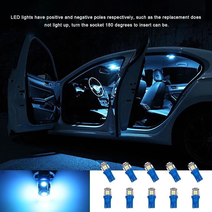 10 PCS Car Interior LED Light Bulb, T10 5050 5SMD LED Car Bulb Kit, Super Bright Automotive Led Replacement Bulbs for Dashboard Dome Map Door Courtesy License Plate Lights (Ice Blue)