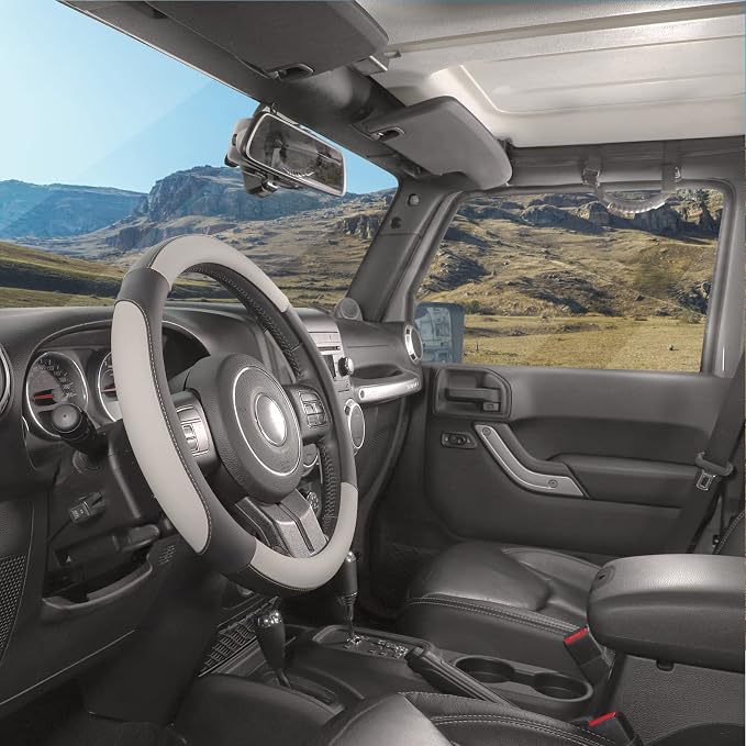 Car Steering Wheel Cover Large Size for F150 F250 F350 Ram 4Runner Tacoma Tundra Range Rover with 15 1/2 inches-16 inches Outer Diameter, Black and Gray Microfiber Leather