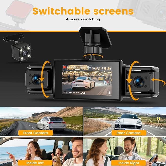 Dash Cam 3 Inch 1080P 4 Channel Dash Camera for Cars with Driving Loop Recording, Exposure Compensation, Motion Detection, Reverse Help, 360 Degree Protection