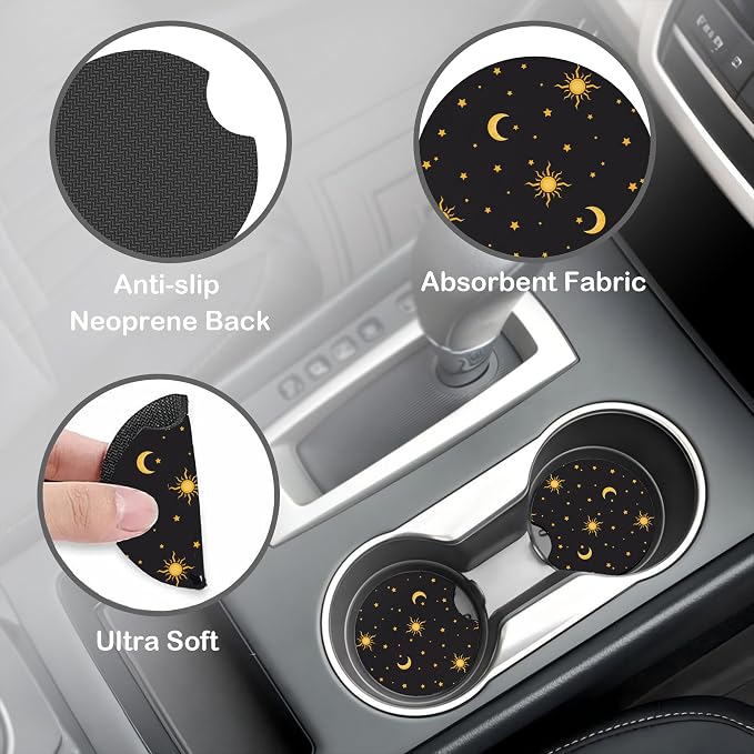 Sun Moon Star Steering Wheel Cover with 2 Pcs Car Coasters Neoprene Steering Wheel Cover for Women Men Anti-Slip Breathable Car Accessories Universal 15 Inch Fit Auto Cars Trucks