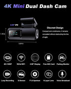 Dash Cam Front and Rear 4K+1080P, Dual Dash Cam with 64GB Card, 5GHz WiFi, App Control, G-Sensor Emergency Recording, Loop Recording, 24H Parking Mode Supports, Dash Camera for Cars