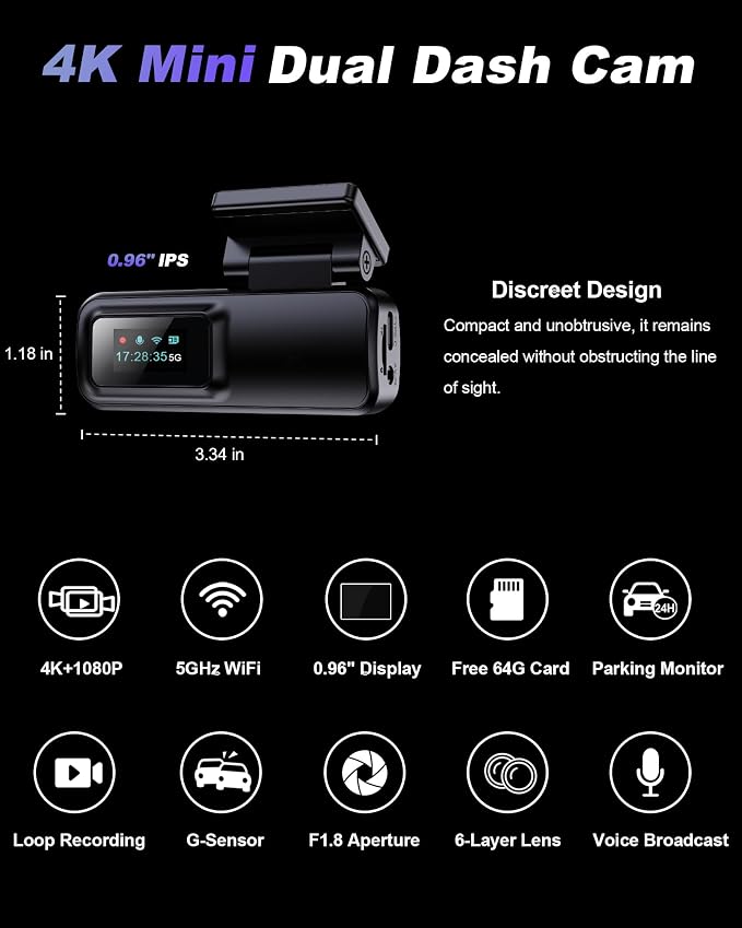 Dash Cam Front and Rear 4K+1080P, Dual Dash Cam with 64GB Card, 5GHz WiFi, App Control, G-Sensor Emergency Recording, Loop Recording, 24H Parking Mode Supports, Dash Camera for Cars