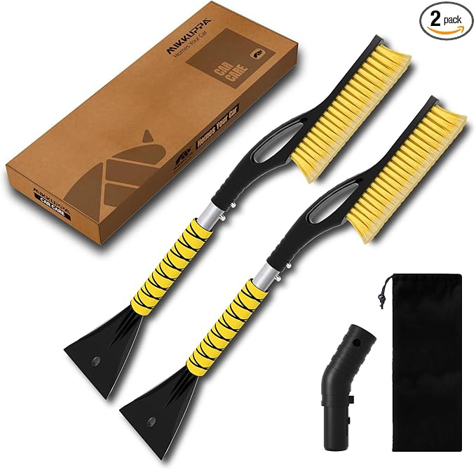 27" Snow Brush and Ice Scrapers for Car Windshield, Yellow, 2 Pack | Detachable Windshield Scraper, Snow Removal Tool with Curved Connector & Ergonomic Foam Grip for Cars, Trucks, SUVs
