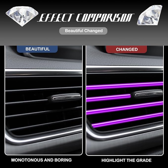 28 Pcs Car Accessories: 20 Pcs Air Conditioner Decoration Strip, 4 Non-Slip Silicone Cup Coasters, 4 Tire Valve Caps (Purple) for Most Cars, SUVs, Trucks