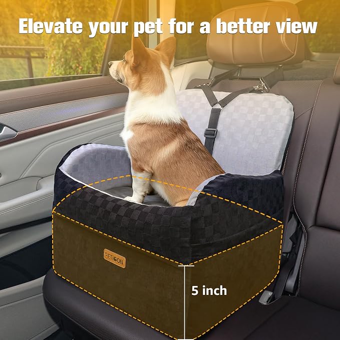Waterproof Dog Car Seat for Small Medium Dogs, 5in Memory Foam Pet Booster Seat for Dogs up to 35 lbs with Pockets, Detachable Washable Pet Carseat with Y-Shape Safety Belt (Gray, Medium)