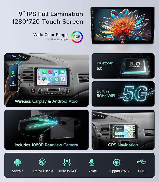 Car Radio Stereo for Honda Civic 2006-2011, Wireless CarPlay Android Auto | 9" IPS HD touchscreen, 64G storage, 5G WiFi GPS navigation, phone link, Bluetooth FM AM SWC, 1080P backup camera