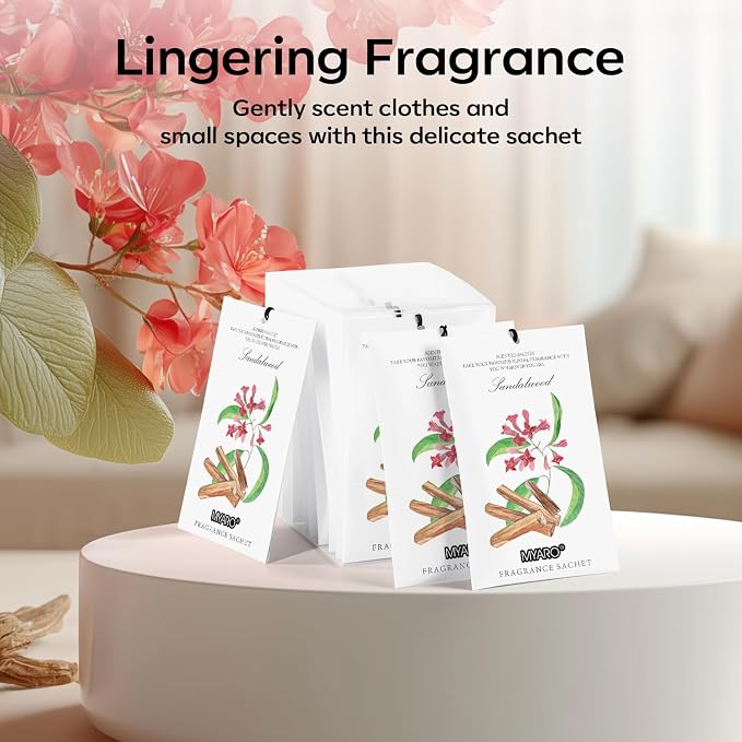 12 Pack Sandalwood Scented Sachets for Drawer, Closet & Small Spaces Air Freshener Bags, Odor Eliminator for Clothes, Car, Wardrobe, Home Fragrance Gift Set