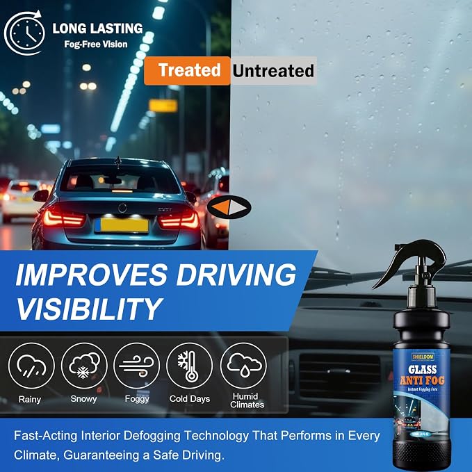 Anti-Fog Spray for Glass Car Windshield Defogger Prevents Fogging of Interior Glass, Mirrors, Windows, Shower Door with Defogging & Cleaning Sponge, Towel 4oz/120ml