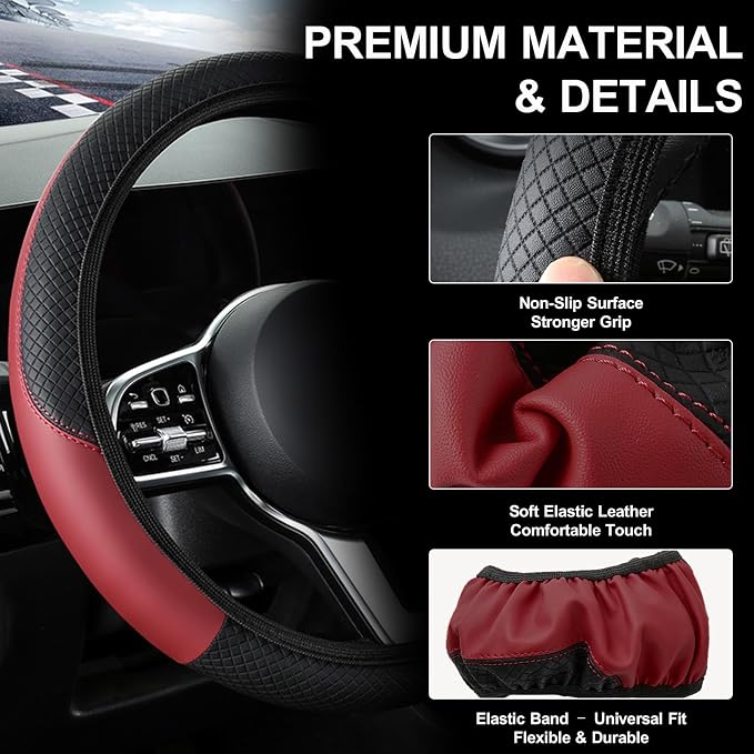 Car Steering Wheel Cover, 15 inch Carbon Fiber Microfiber Anti-Slip Breathable PU Leather Elastic Steering Wheel Protector, Car Interior Accessories for Most Cars (AD-WineRed)