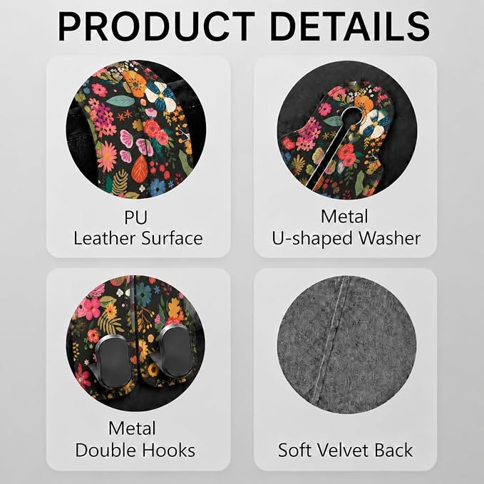 Cute Floral Car Seat Back Storage Headrest Hooks for Purses & Bags – 2PCS PU Leather Dual Metal Hooks, Backseat Organizer Accessories