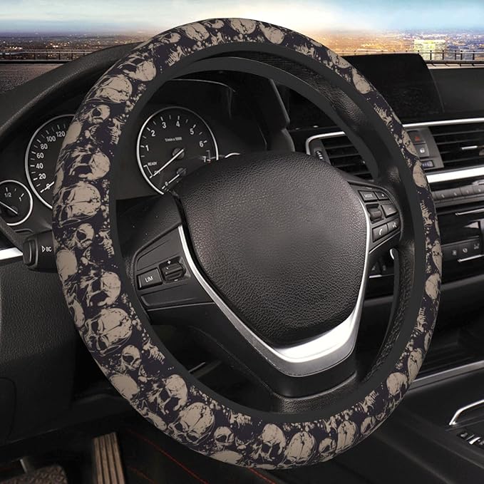 Elastic Skulls Halloween Car Steering Wheel Cover Protector Thicken,Grunge Spooky Horror Black,Anti Slip Stretchy Soft Car Accessories for Diverse Cars Truck SUV for Men Women Universal 15 Inch