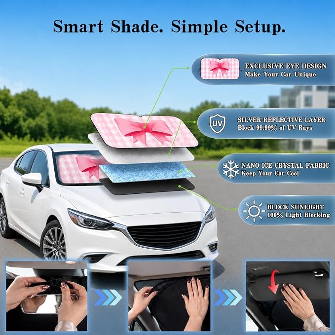 Car Windshield Sun Shade, Universal Fit Compact Sedan SUV, Pink Plaid Bow | 59 x 27.5" Car Sun Visor, Foldable Front Window Sunshade, UV Heat Protection, Girly Bow Series