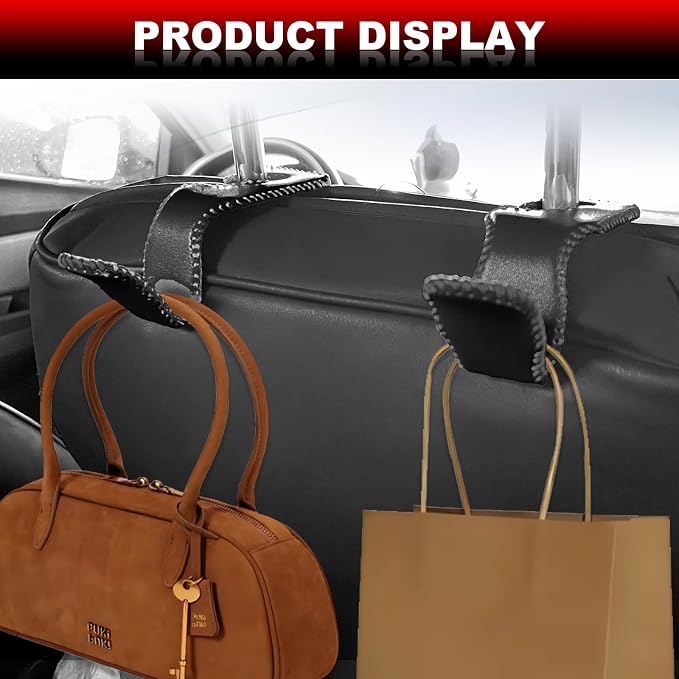 Automotive Universal 2PCS Leather Headrest Hooks, for Car Keep Purses Bags Coats and Groceries Secure Universal Fit for Most Vehicles, Black