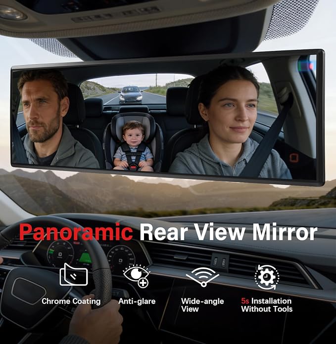 Rear View Mirror - Chrome Anti-Glare Panoramic Rearview Mirror 12 Inch Clip-On Convex Rearview Mirror, Reduces Blind Spots, HD Wide Angle,Shock Resistant for Cars, Trucks & SUVs (Light Chrome)