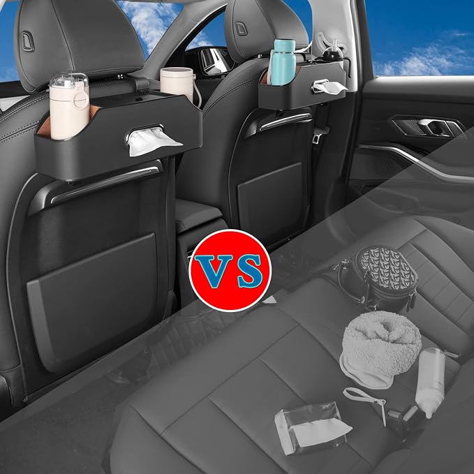 Car Back Seat Organizer with 2 Drink Cup Holder - Tissue Box and Storage Box Hook - Multi-functional Storage - Great for Kids and Travel (Black)