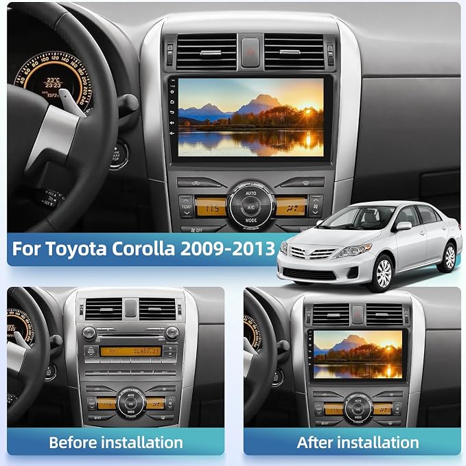 [2+64G] Android Car Stereo for Toyota Corolla 2009-2013 with Wireless Carplay and Android Auto, 9 Inch 2.5D Touchscreen Corolla Radio with EQ Sound/GPS/WiFi/SWC + AHD Backup Camera + Mic