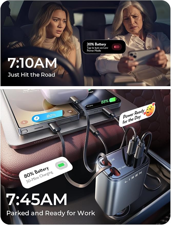 Retractable Car Charger, [2026 Upgrade 50 inch ] Long 4 in 1 Retractable Cable Car Charger, USB C Car Charger Fast Charging for iPhone 17 16 15 14 13 12 11 X Pro Max Plus Mini, Samsung S26 | Multiple Ports Car Charger, Retractable Car Charger Fas...